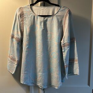 Ecru size small blouse with crocheted details. Light blue and beige